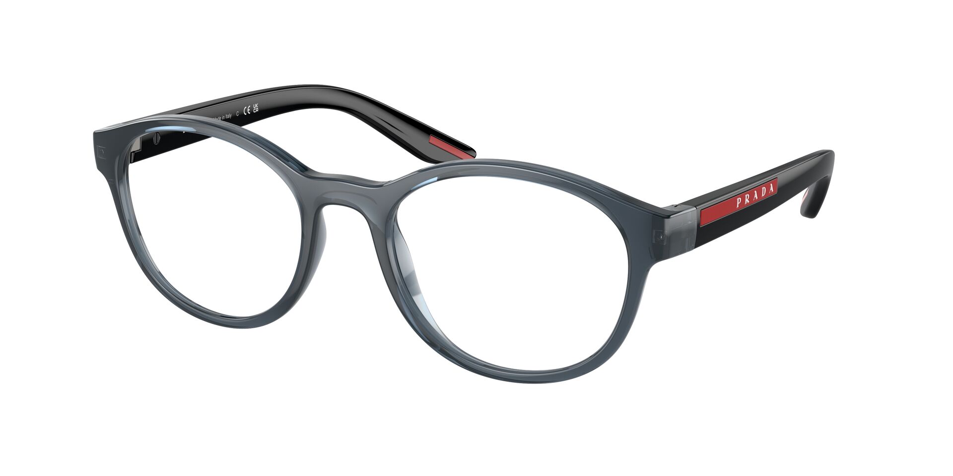Das Bild zeigt die Prada Linea Rossa Fassung PS07PV CZH1O1 leicht seitlich.