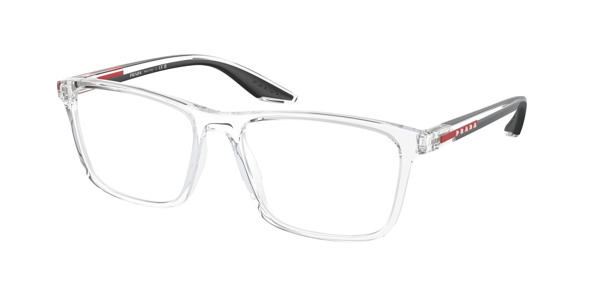 Das Bild zeigt die Prada Linea Rossa Fassung PS01QV 2AZ1O1 leicht seitlich.
