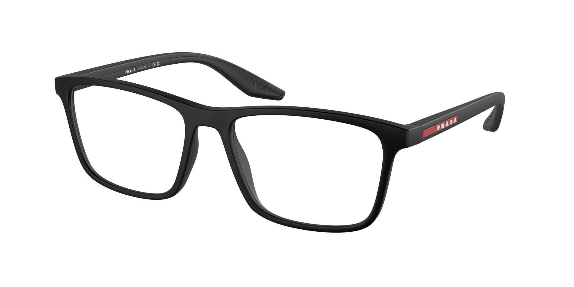 Das Bild zeigt die Prada Linea Rossa Fassung PS01QV DG01O1 leicht seitlich.