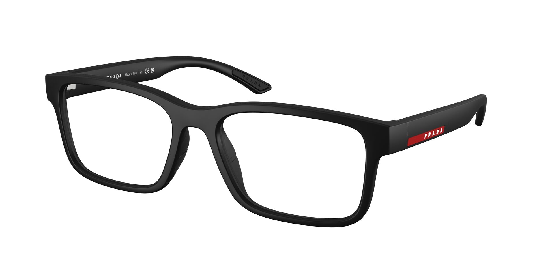 Das Bild zeigt die Prada Linea Rossa Fassung PS01RV DG01O1 leicht seitlich.