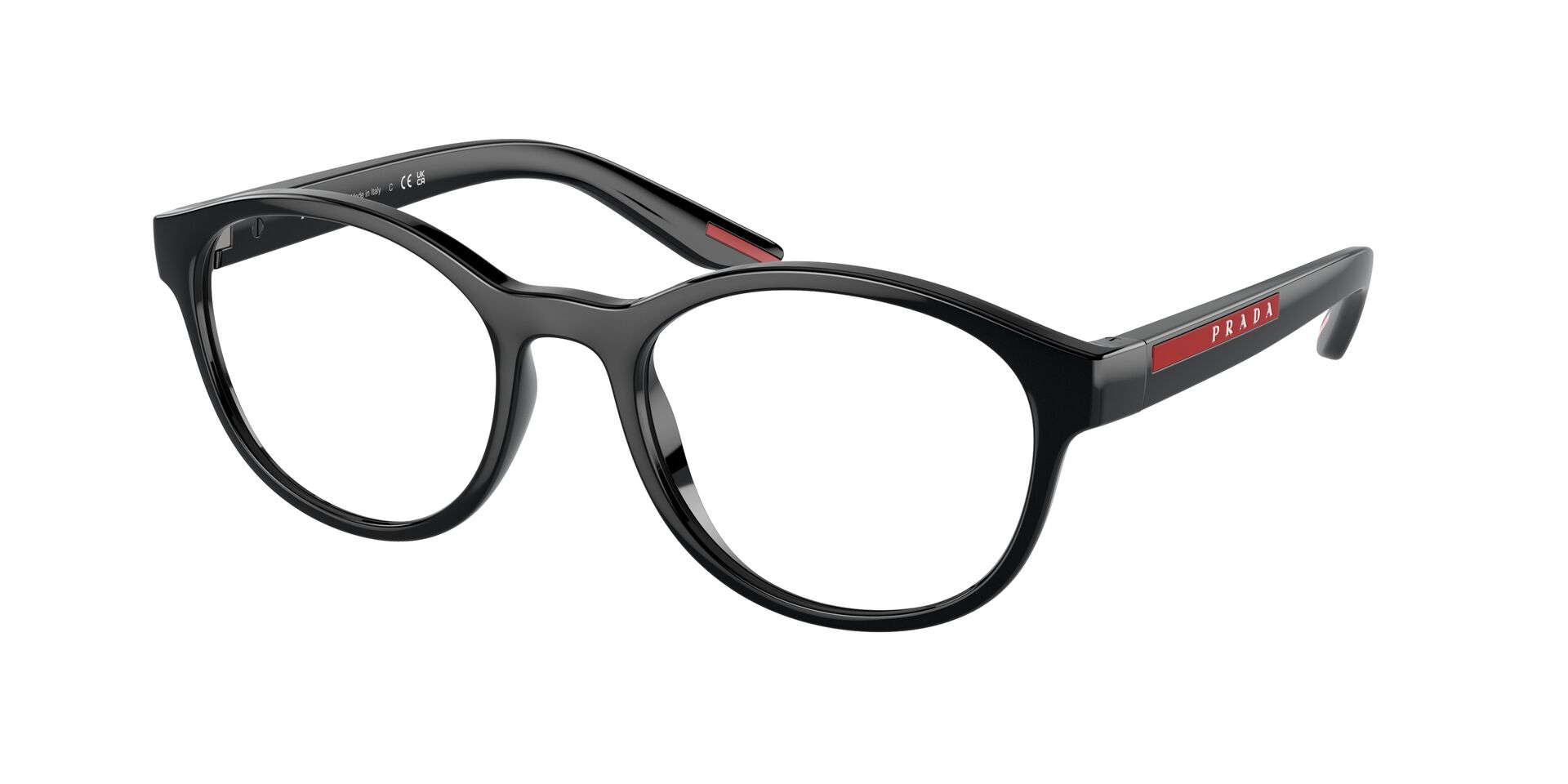 Das Bild zeigt die Prada Linea Rossa Fassung PS07PV 1ABO1 leicht seitlich.