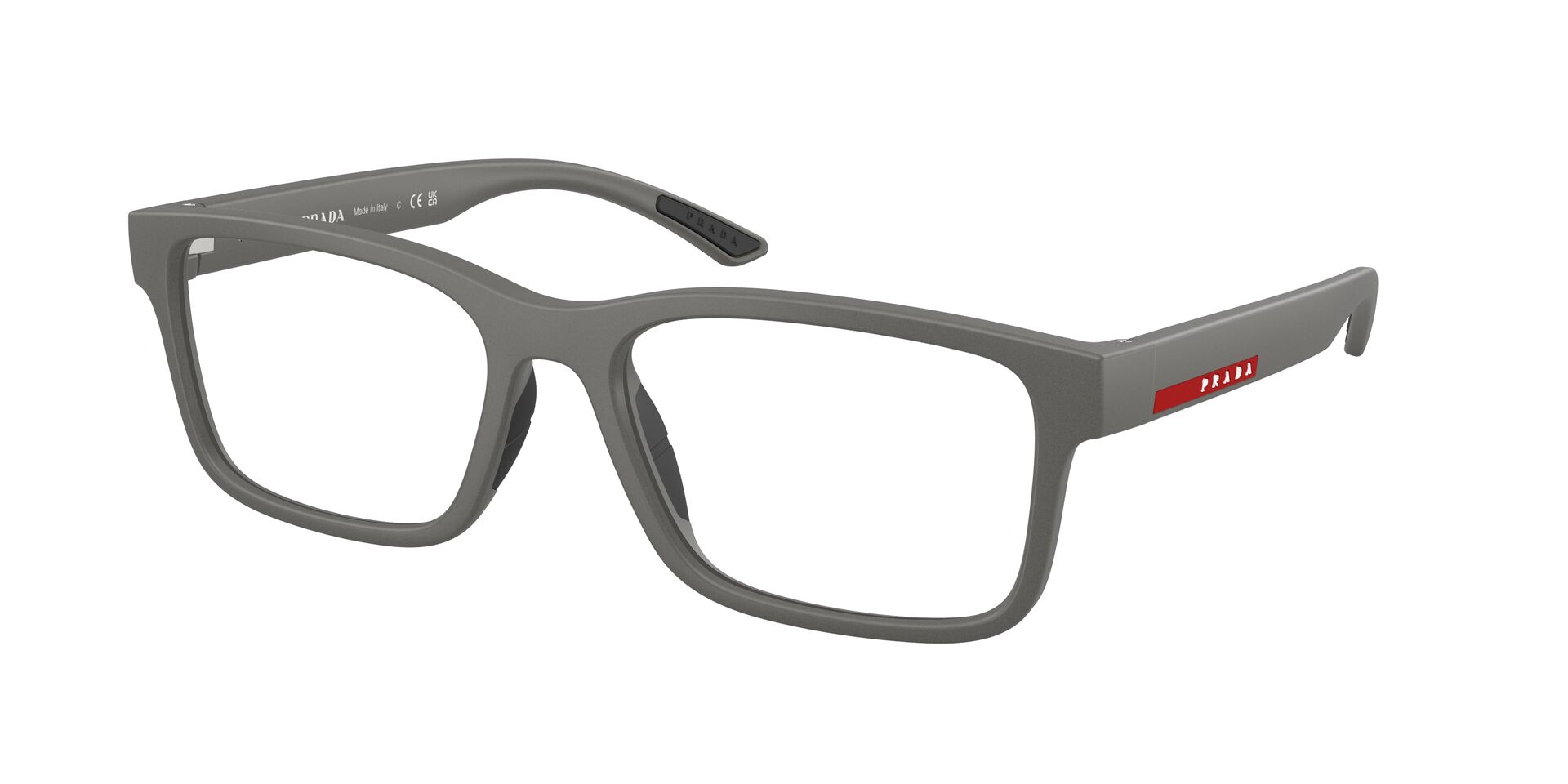 Das Bild zeigt die Prada Linea Rossa Fassung PS01RV 16X1O1 leicht seitlich.
