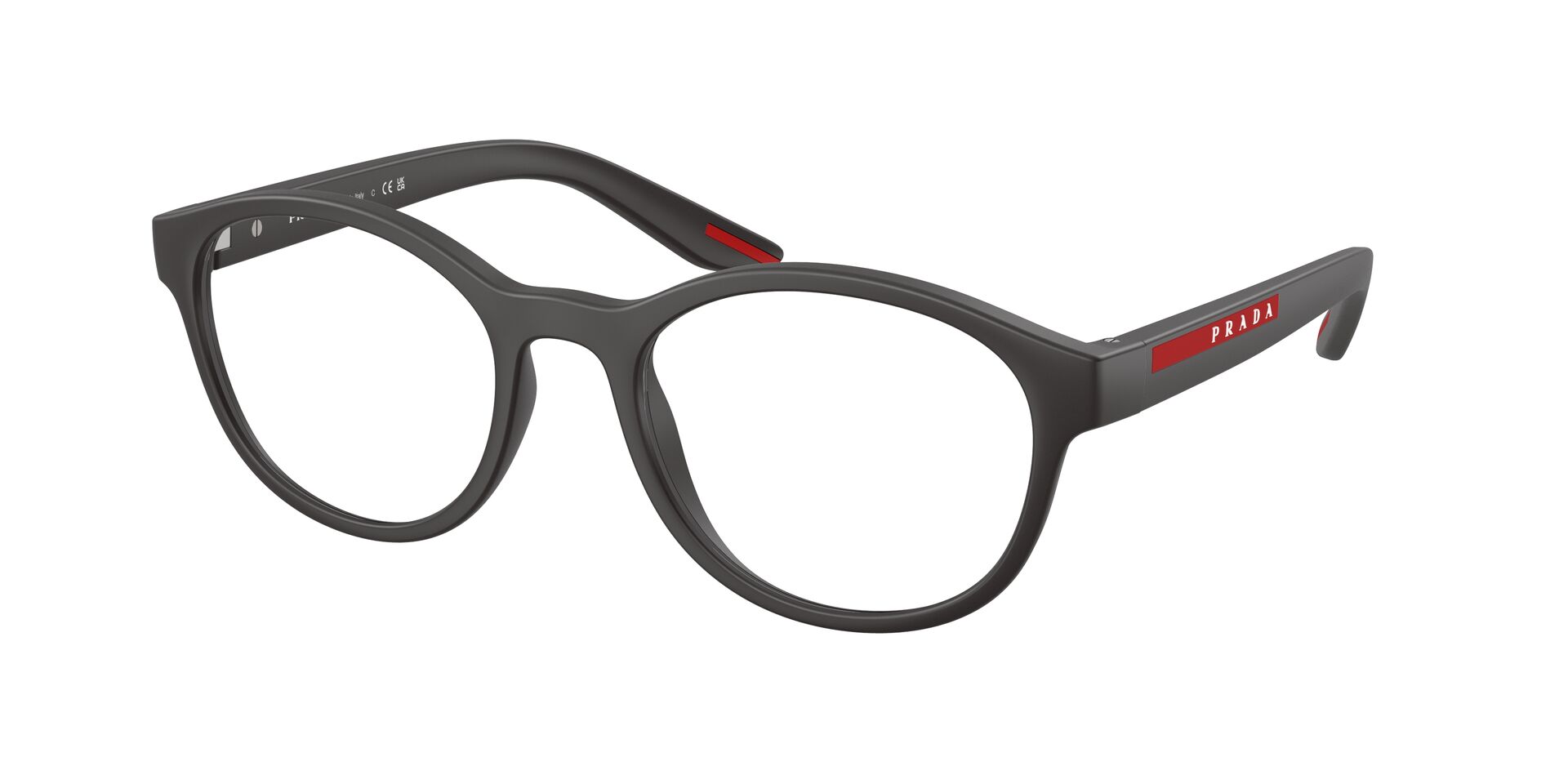 Das Bild zeigt die Prada Linea Rossa Fassung PS07PV 18K1O1 leicht seitlich.