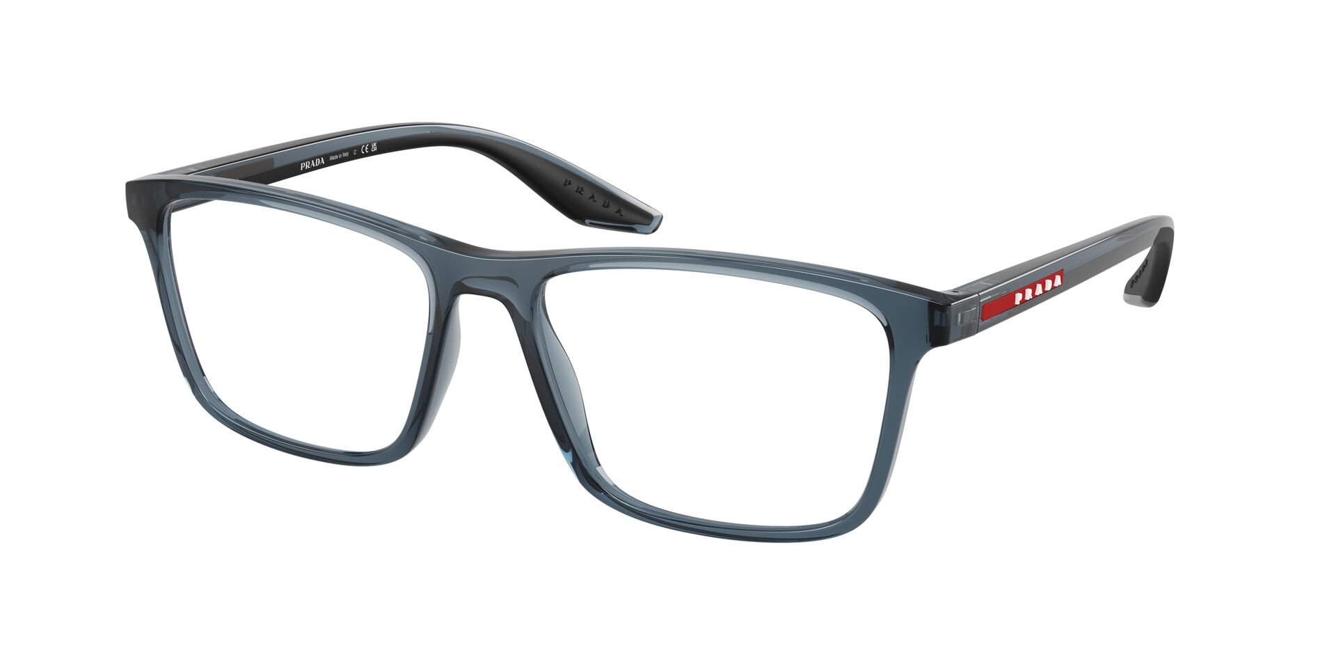 Das Bild zeigt die Prada Linea Rossa Fassung PS01QV CZH1O1 leicht seitlich.