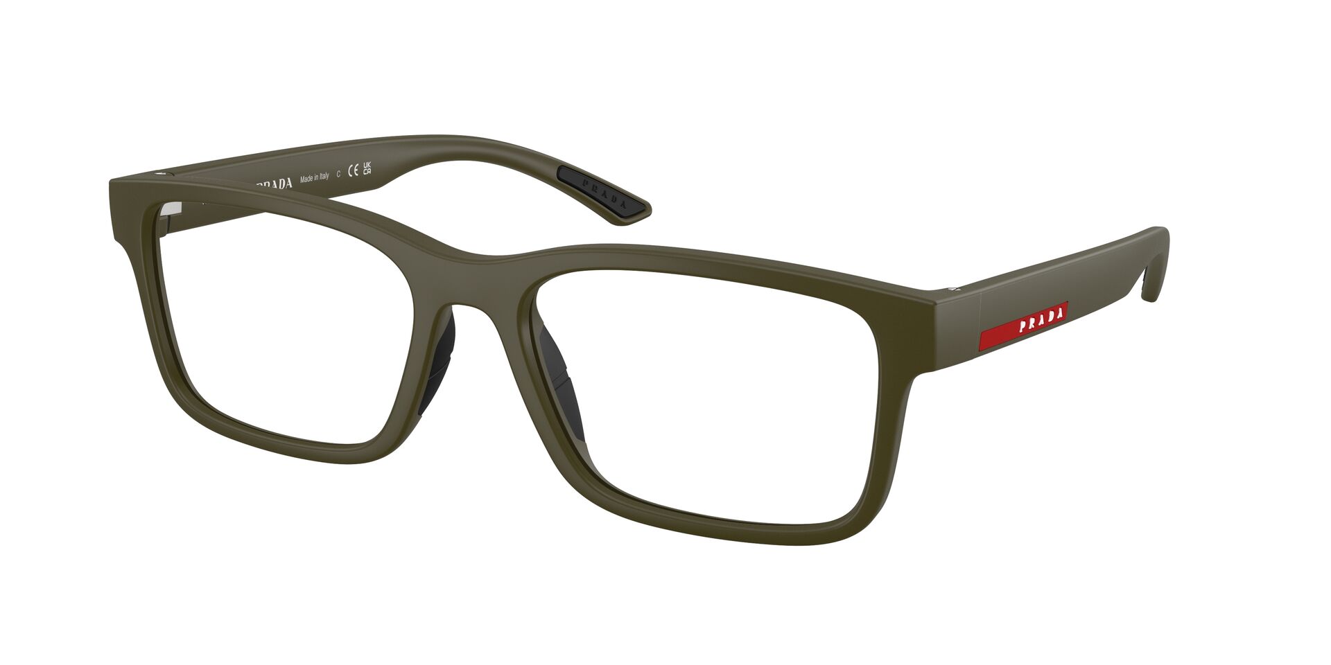 Das Bild zeigt die Prada Linea Rossa Fassung PS01RV 15X1O1 leicht seitlich.