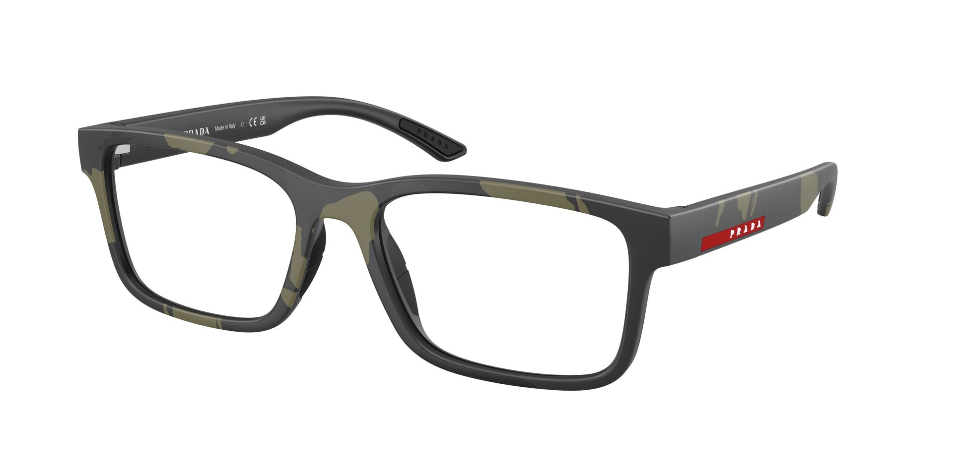 Das Bild zeigt die Prada Linea Rossa Fassung PS01RV 14X1O1 leicht seitlich.
