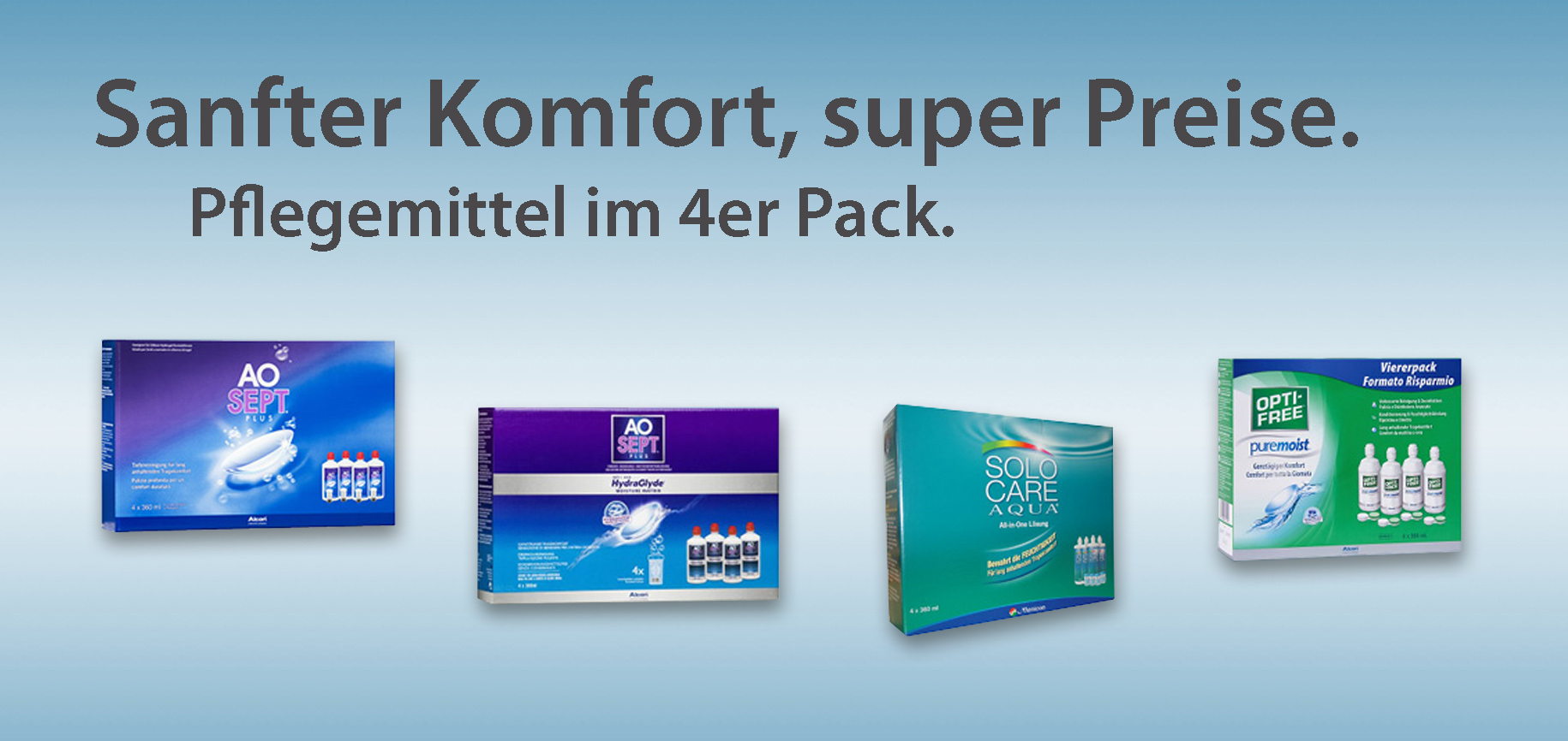Das Bild zeigt eine Auswahl an Pflegemitteln in 4er Packs.